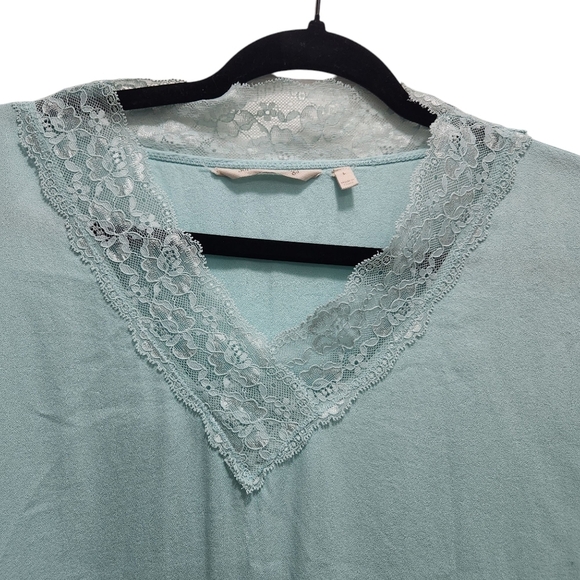 Soft Surroundings Claudia Top Size L Teal Blue Balloon Sleeves V Neck Lace Trim - Picture 3 of 6